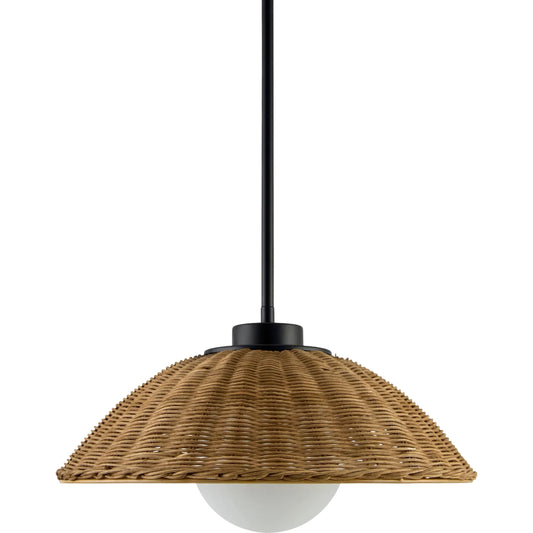 Rupit Pendant by Livabliss in fixture: black; shade (outside): brown; shade (inside): white; cord: white and powder coated. Made from rattan, glass in a rustic style.