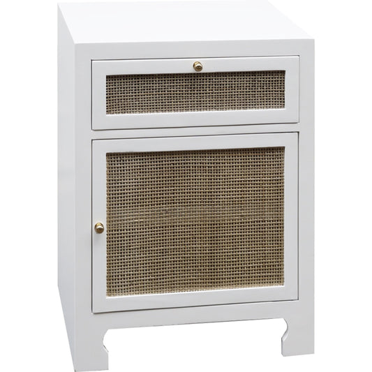 Ruth Cabinet by Worlds Away in white and white. Made from hardwood solids, mdf, caning, metal in a modern style.