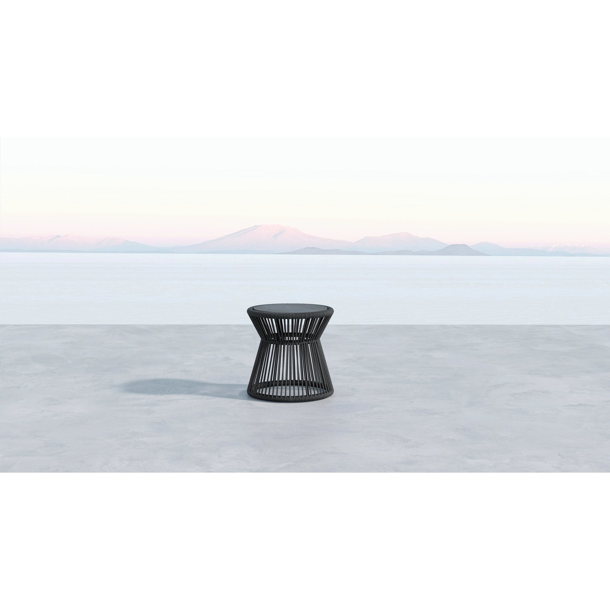 Milano Outdoor End Table by Sunset West in slate. Made from olefin rope in a coastal style.