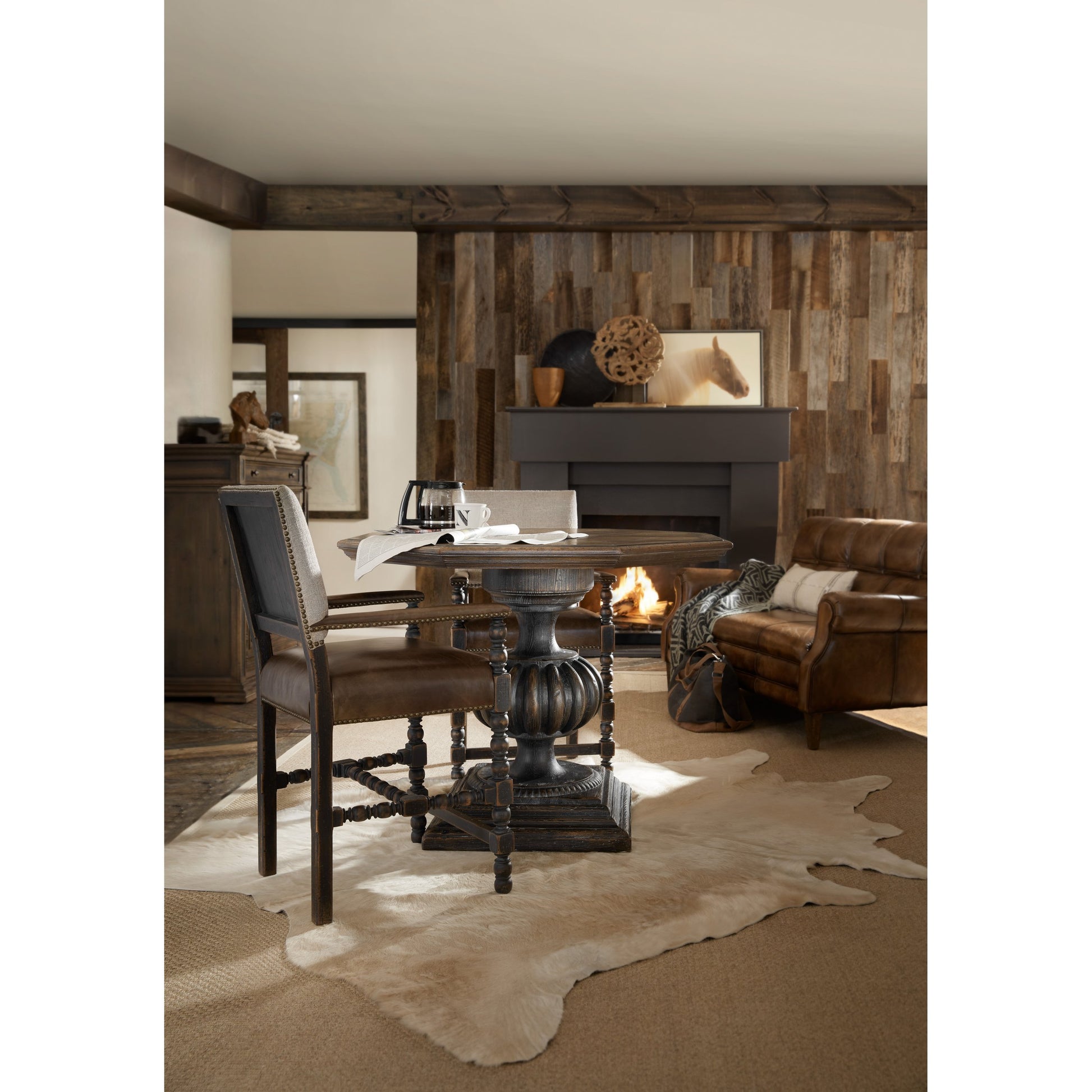 Comfort Counter Stool by Hooker Furniture in brown and anthracite black. Made from fabric, leather in a traditional style.