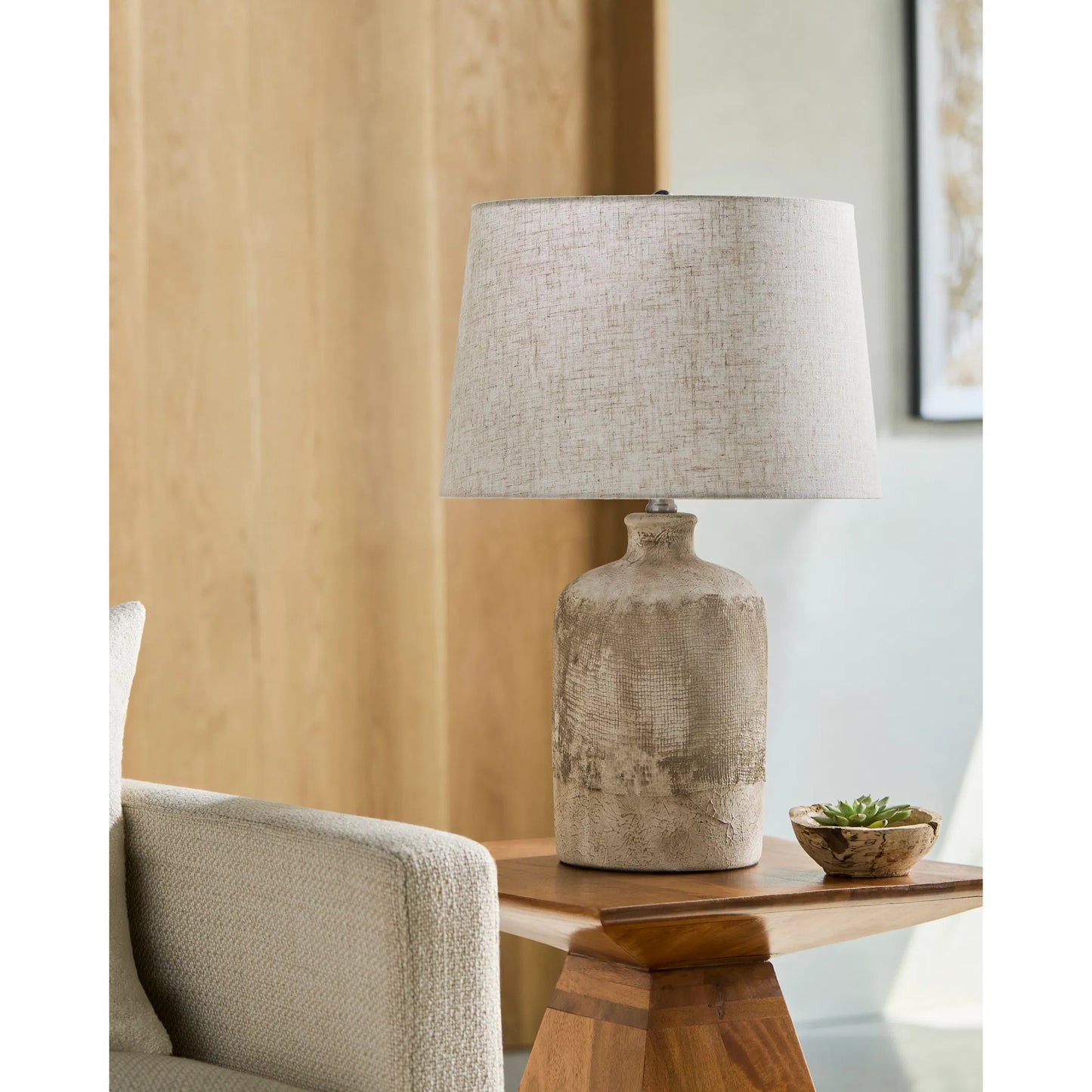 002 SI-2258175 | Lifestyle | Riserva Accent Table Lamp by Surya in wheat, translucent, metallic nickel, gray, white and plated, painted. Made from ceramic, linen, iron in a modern style.