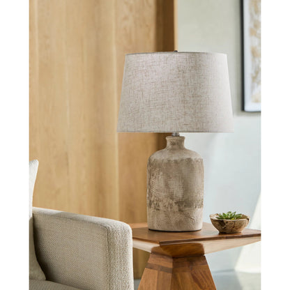 Riserva Accent Table Lamp by Surya in wheat, translucent, metallic nickel, gray, white and plated, painted. Made from ceramic, linen, iron in a modern style.