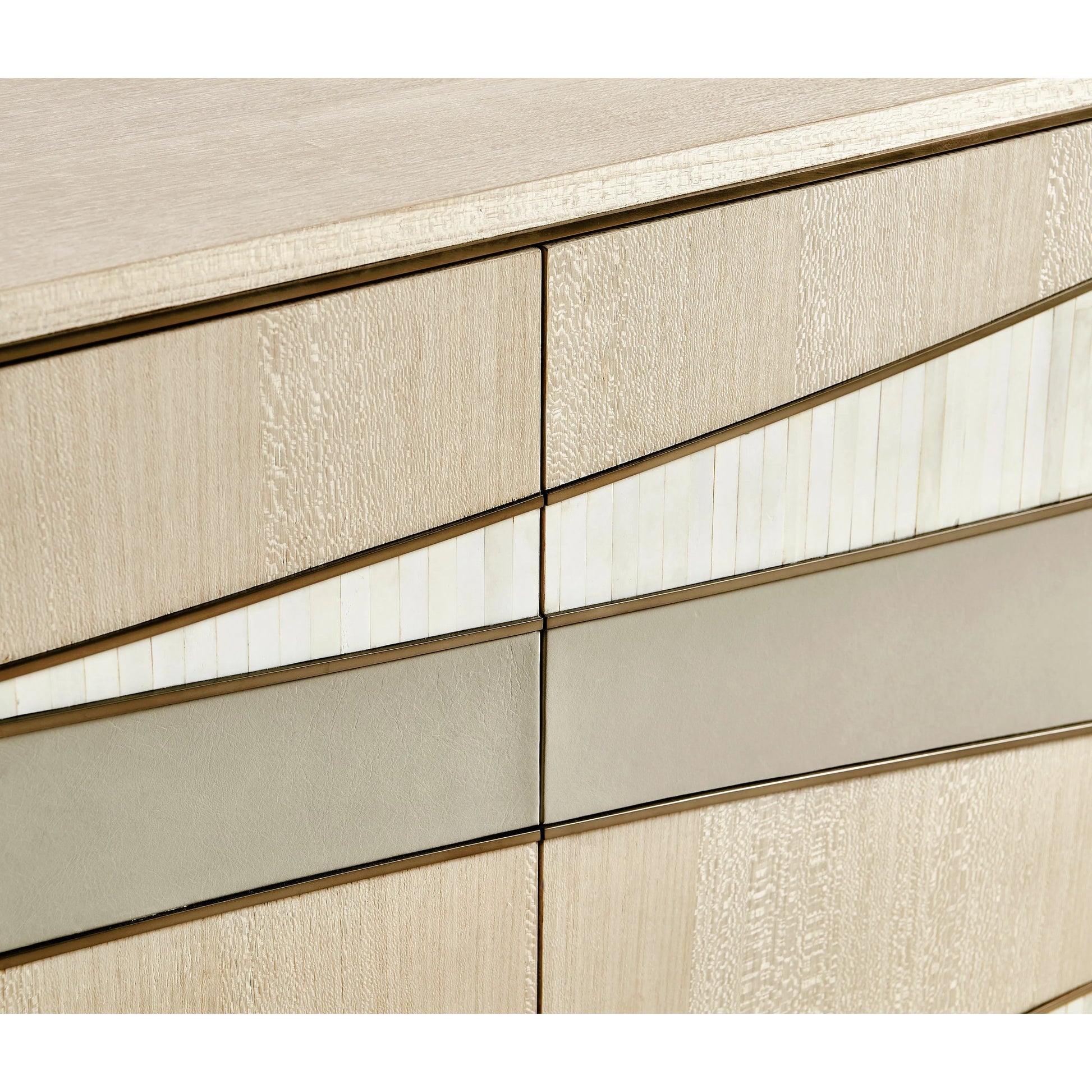 Water Breaker Mixed Media Credenza by Jonathan Charles in beige and ash blonde. Made from dyed koto veneer, bone, leather, metal in a transitional style.