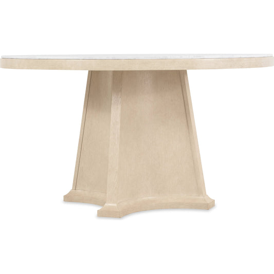 Westwood Round Dining Table by Hooker Furniture in light wood and polished limestone. Made from oak veneers, marble in a transitional style.