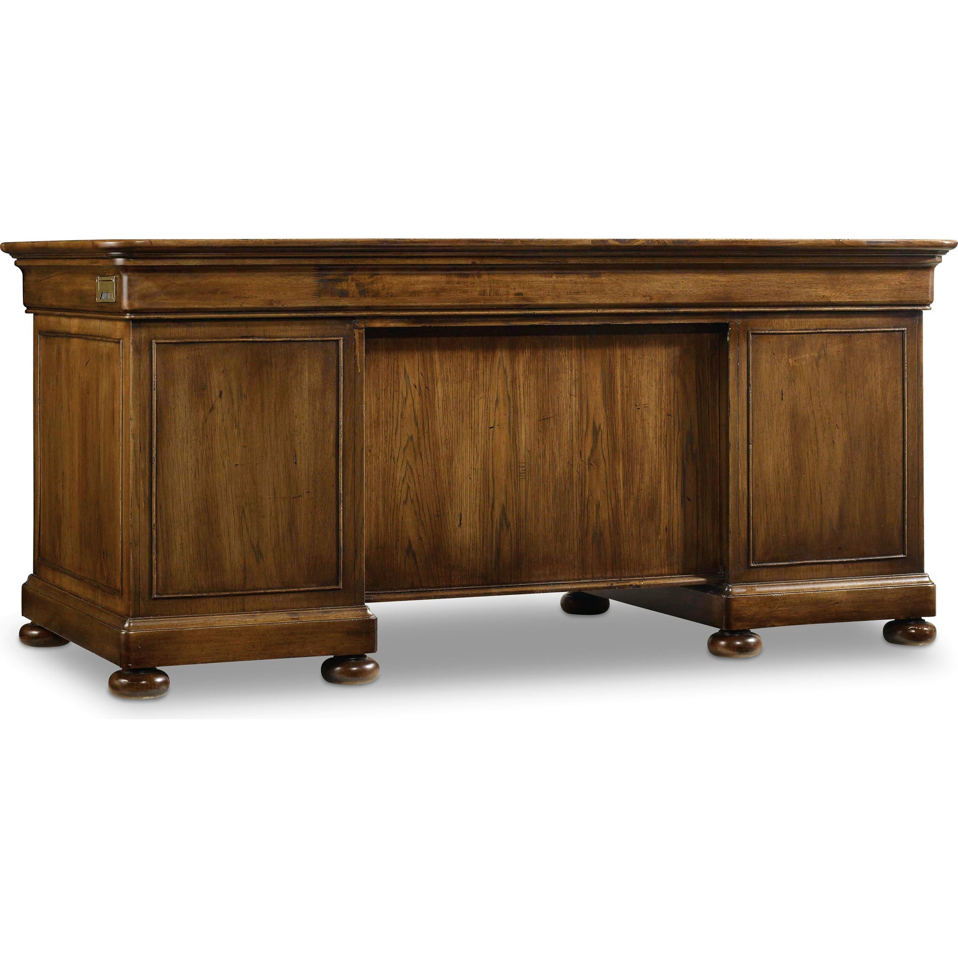 Archivist Executive Desk by Hooker Furniture in pecan. Made from pecky pecan veneers in a traditional style.