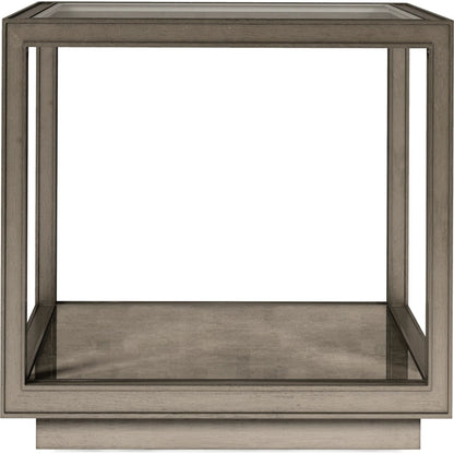 Cove Square End Table by A.R.T. Furniture in grey and mica. Made from rubberwood solids, primavera veneer, glass, cork in a traditional style.