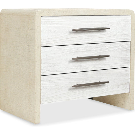 Cascade Three-Drawer Nightstand by Hooker Furniture in lacquered burlap, cast resin in soft white. Made from unique in a transitional style.