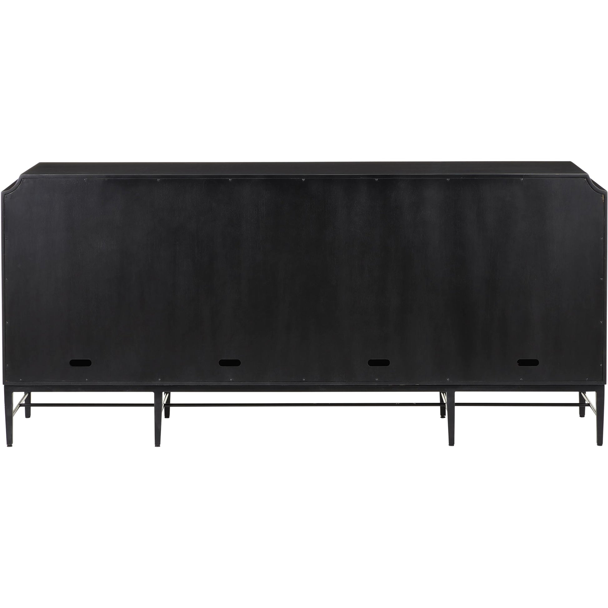 Kallista Credenza by Currey and Company in taupe, caviar black, polished brass, black. Made from sycamore veneer, mahogany, engineered hardwood, brass, iron in a modern style.