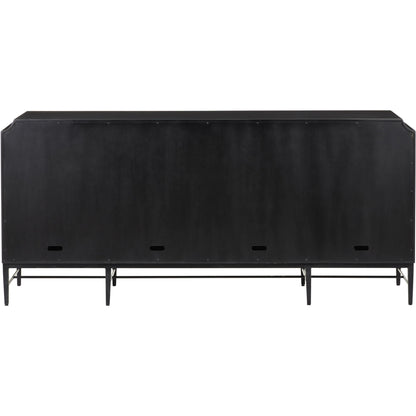 Kallista Credenza by Currey and Company in taupe, caviar black, polished brass, black. Made from sycamore veneer, mahogany, engineered hardwood, brass, iron in a modern style.