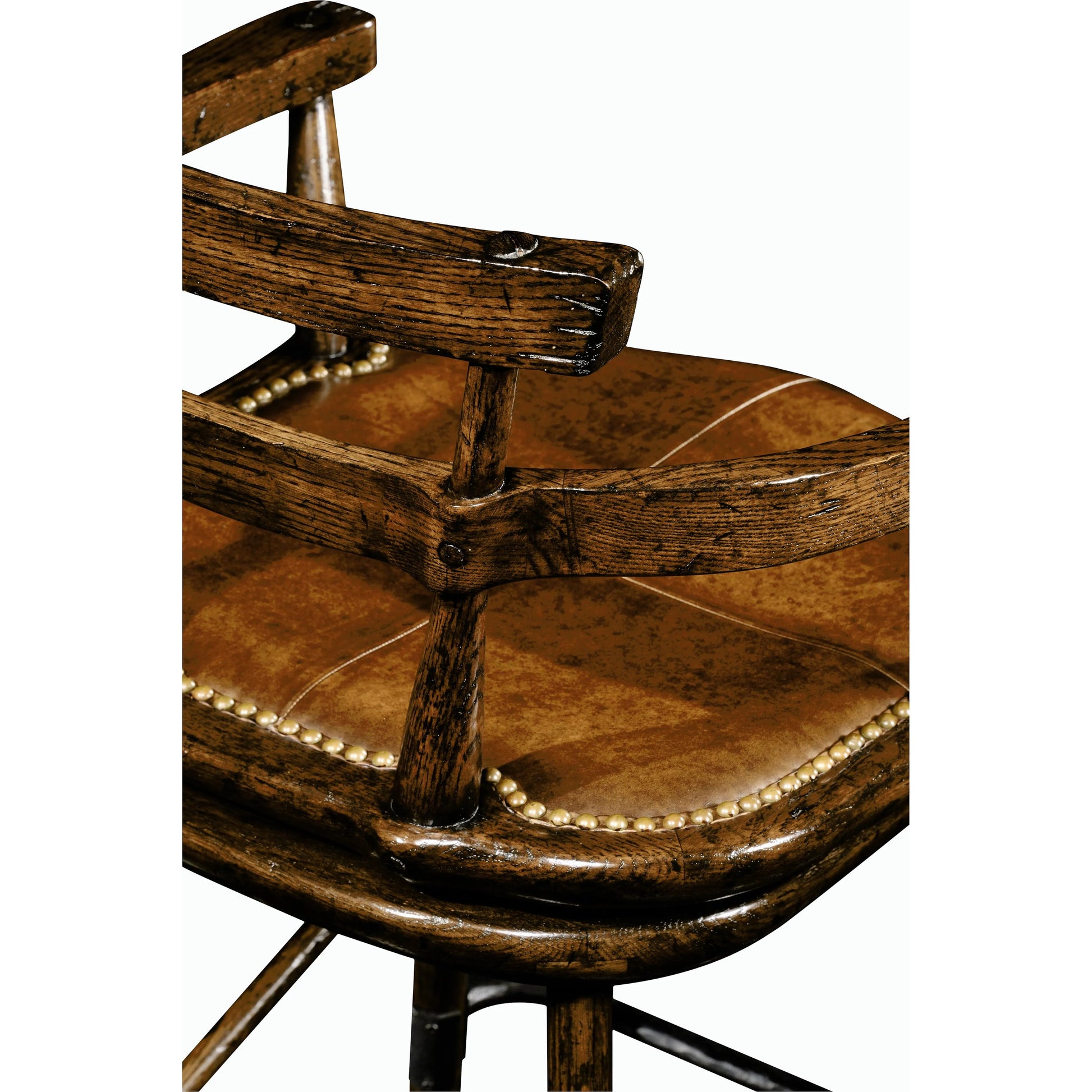 Casual Accents Tudor Oak Studded Leather Bar Stool by Jonathan Charles in brown and dark brown tudor oak. Made from oak in a rustic style.