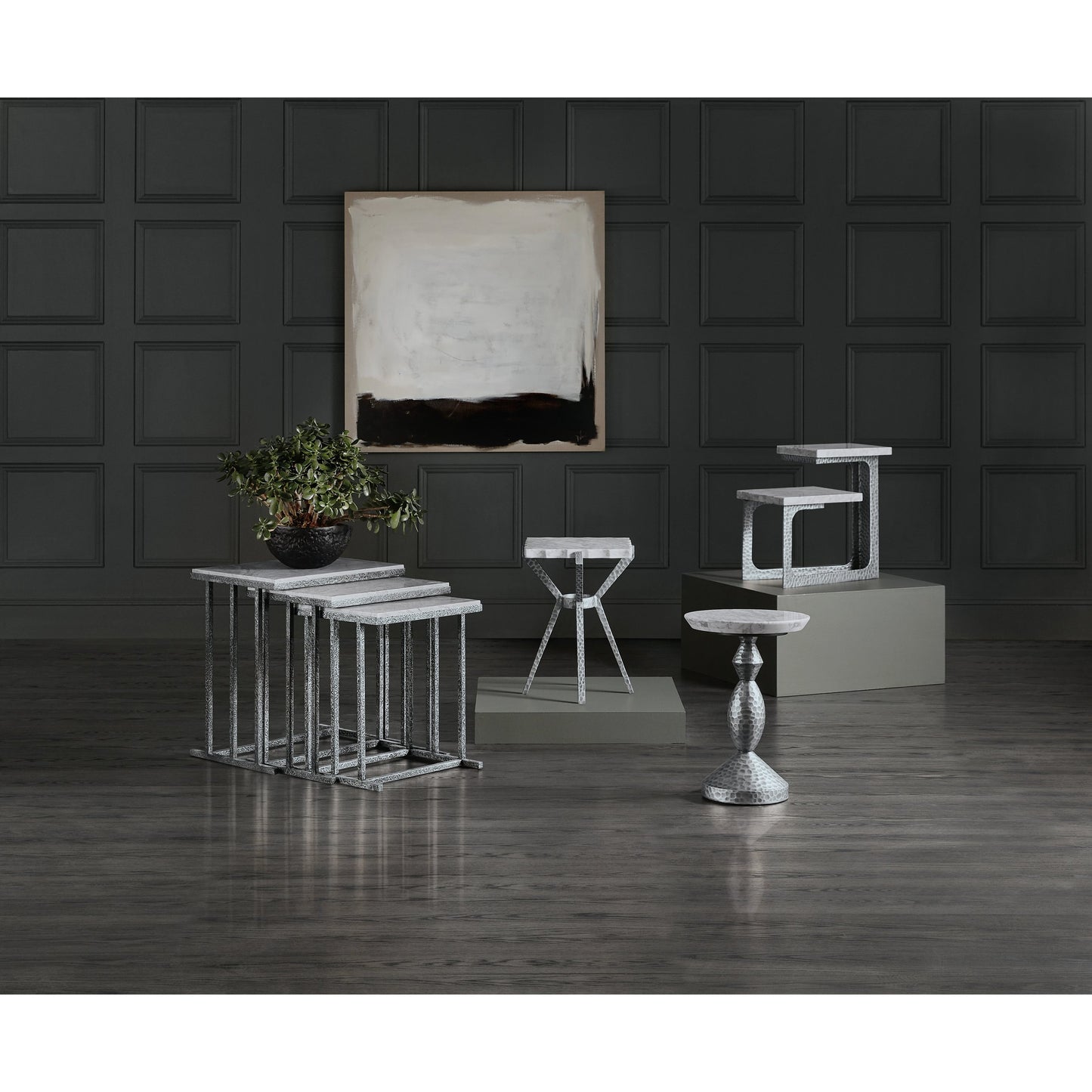 003 SI-1959613 | Lifestyle | Melange Glendon Side Table by Hooker Furniture in carrara marble, silver. Made from carrara marble veneer with cast metal in a modern style.
