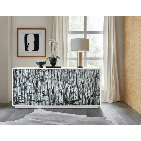 Melange Graffitio Credenza by Hooker Furniture in whites, creams, beiges and white lacquer. Made from maple veneers in a modern style.