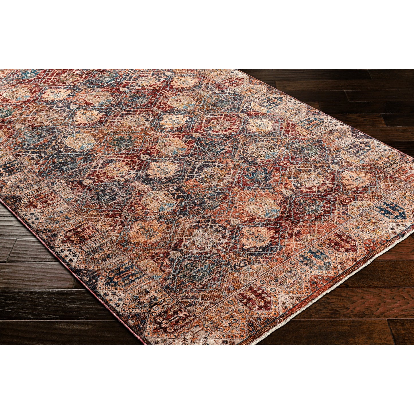 006 SI-1876666 | Closeup | Arya Rug - 30713 by Livabliss in dark red, light olive, blue, dark blue, beige, olive. Made from 70% polyester, 30% viscose in a unique style.