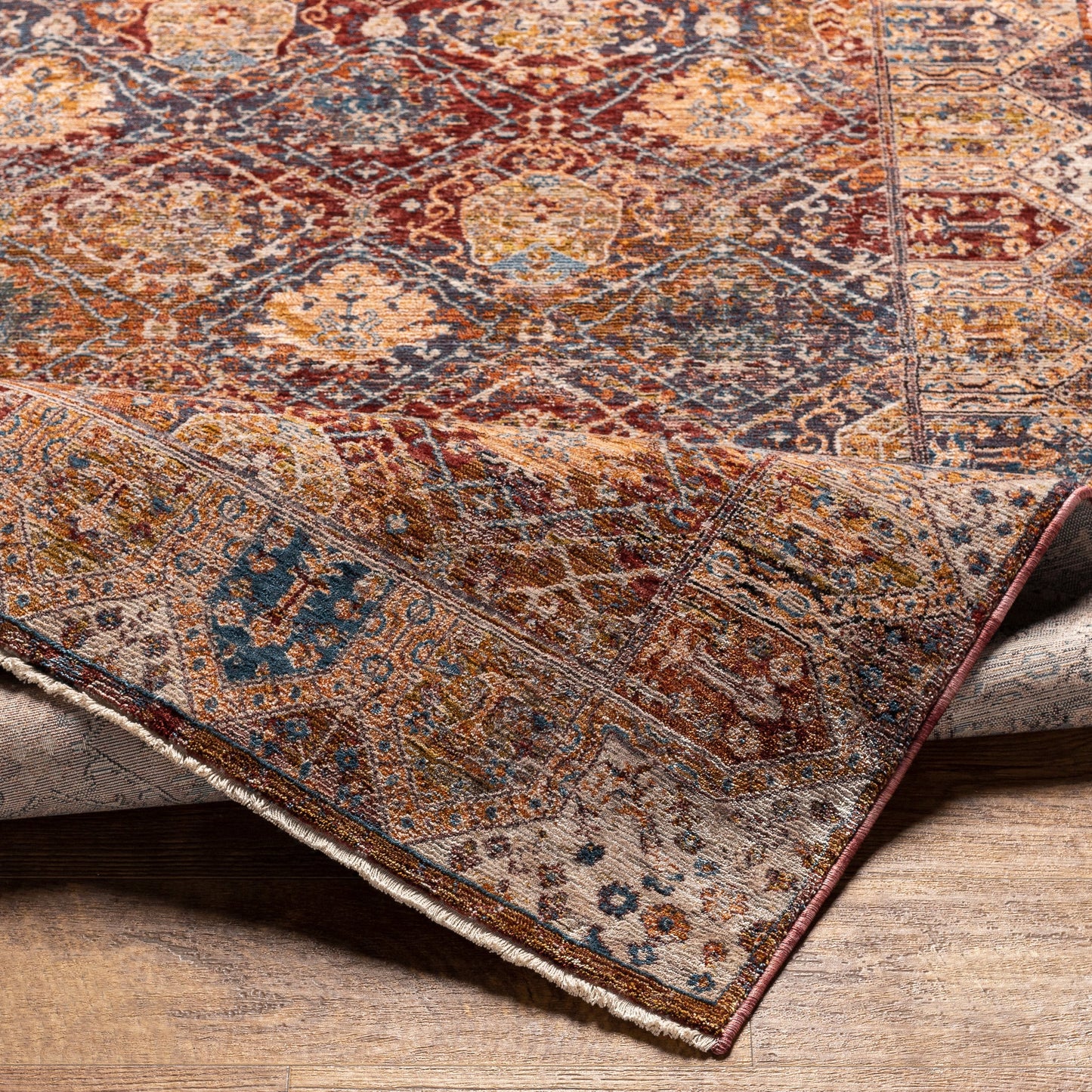 004 SI-1876661,SI-1876663,SI-1876666 | Closeup | Arya Rug - 30713 by Livabliss in dark red, light olive, blue, dark blue, beige, olive. Made from 70% polyester, 30% viscose in a unique style.