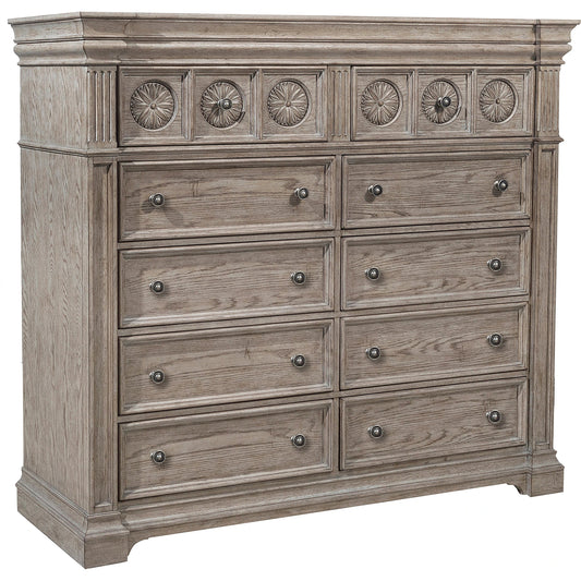 Kingsbury Master Chest by Pulaski Furniture in french grey. Made from oak veneers, hardwood solids in a traditional style.