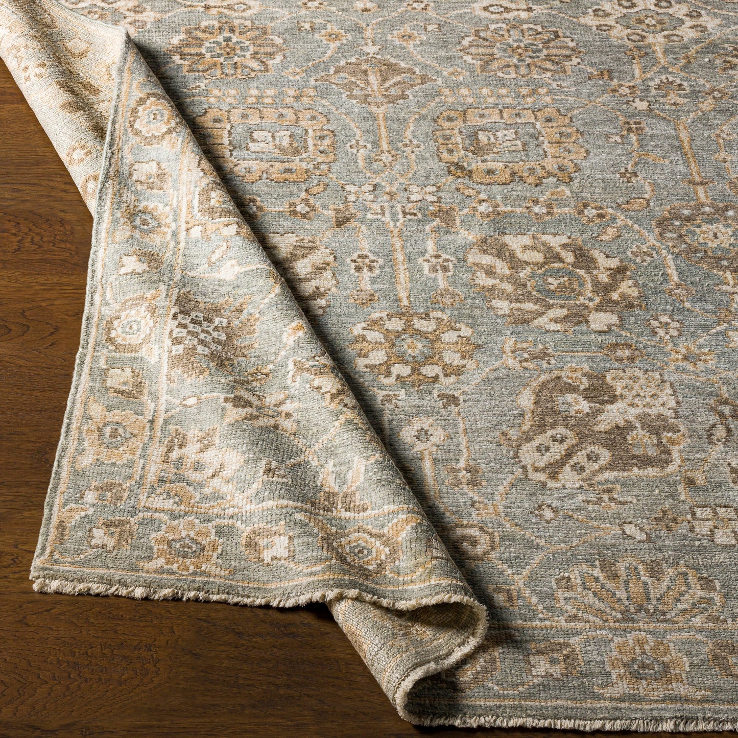 004 SI-1889949,SI-1889950,SI-1889951 | Closeup | Royal RYL-2304 Rug by Surya in dusty sage, yellow, taupe, light beige. Made from 100% viscose in a unique style.