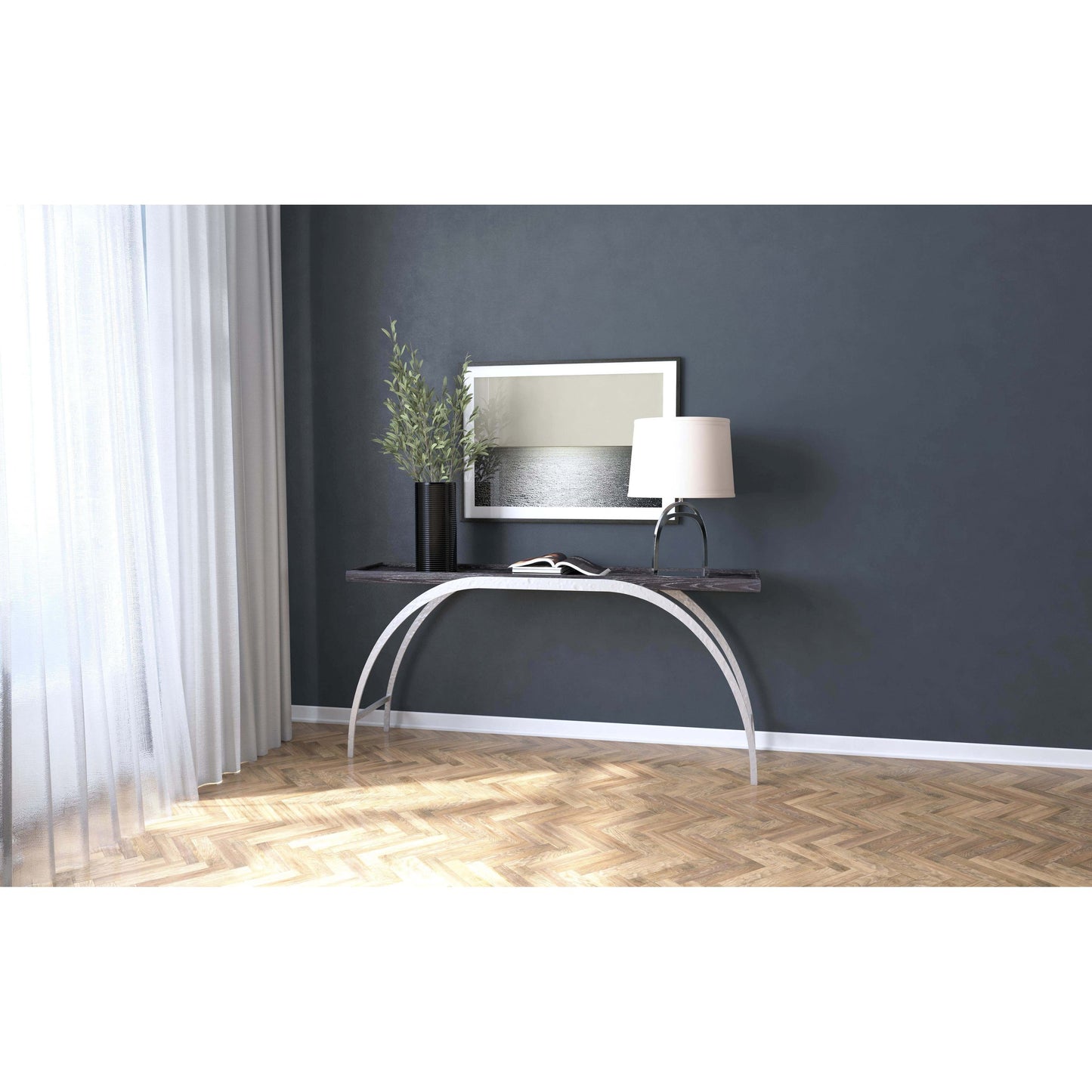 003 SI-1873097 | Lifestyle | Commerce & Market Metal and Wood Console by Hooker Furniture in black. Made from oak veneers with metal sheet in a modern style.