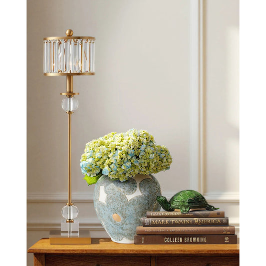 Parfait Table Lamp by Currey and Company in crystal, antique brass. Made from brass, crystal in a traditional style.
