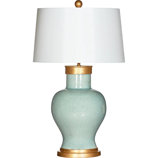 Celadon Cove Lamp by Bradburn Home in celedon, white linen. Made from ceramic in a unique style.
