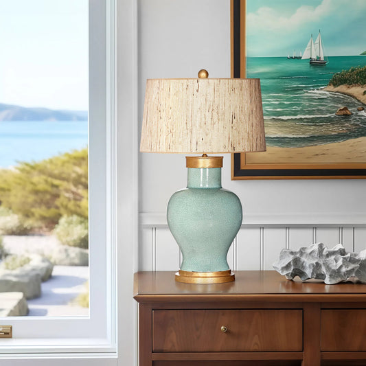 Celadon Cove Couture Lamp by Bradburn Home in celedon, seagrass. Made from ceramic in a unique style.