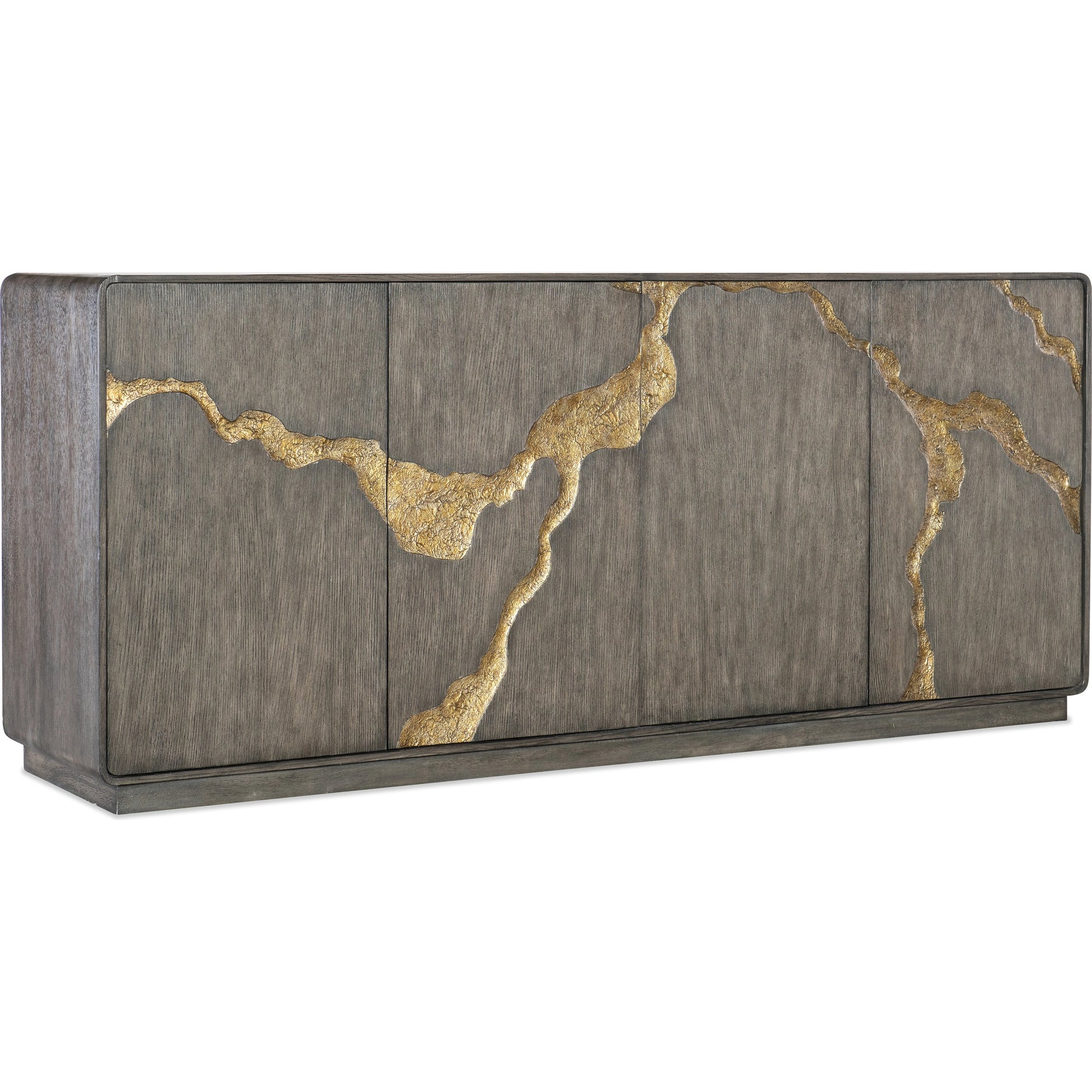 Melange Fissured Entertainment Credenza by Hooker Furniture in dark wood. Made from oak veneers in a modern style.