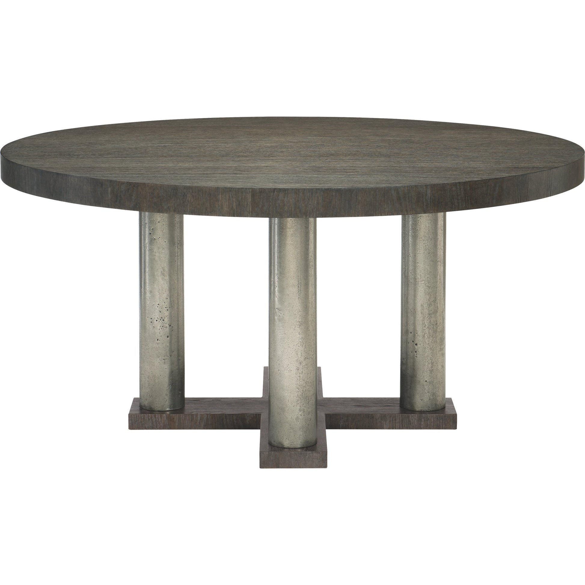 Linea Round Dining Table by Bernhardt in cerused charcoal, textured graphite metal. Made from white oak veneers, cast aluminum in a unique style.