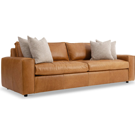 Nest Leather Sofa by Bernhardt in tan. Made from leather, polyfoam core, polyester fibers, waterfowl feathers, waterfowl down in a traditional style.