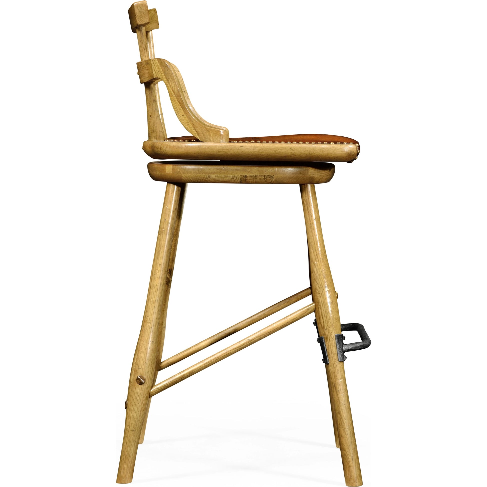 Buckingham Oak Studded Leather Barstool by Jonathan Charles in brown and dark brown tudor oak. Made from oak in a rustic style.