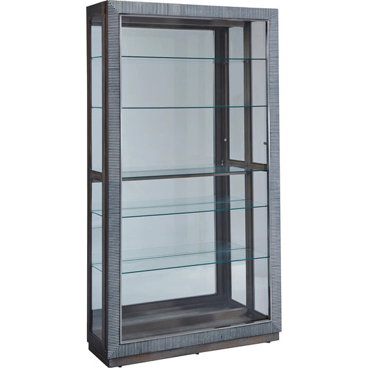 Modern Sliding Door Curio Cabinet by Pulaski Furniture in medium wood. Made from oak veneer in a unique style.
