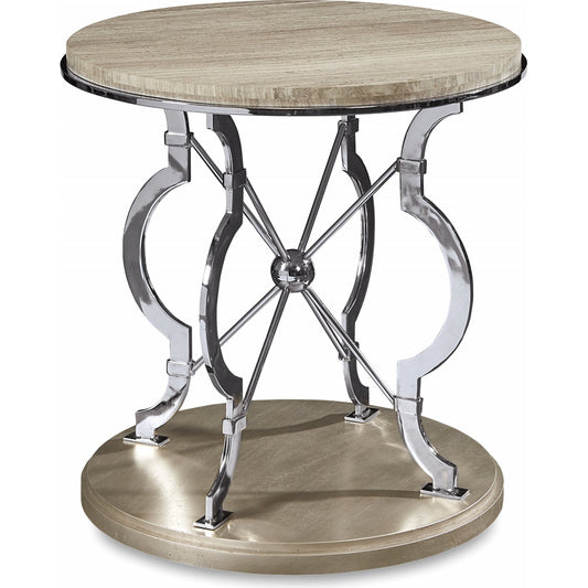 Morrissey Yeats Lamp Table by A.R.T. Furniture in silver and bezel. Made from parawood solids, primavera veneers, travertine stone in a transitional style.