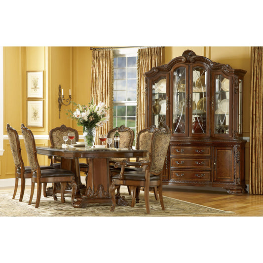 Old World China Cabinet by A.R.T. Furniture in brown and medium cherry. Made from new zealand pine solids, cathedral cherry veneer, exotic avodire veneer, glass in a traditional style.