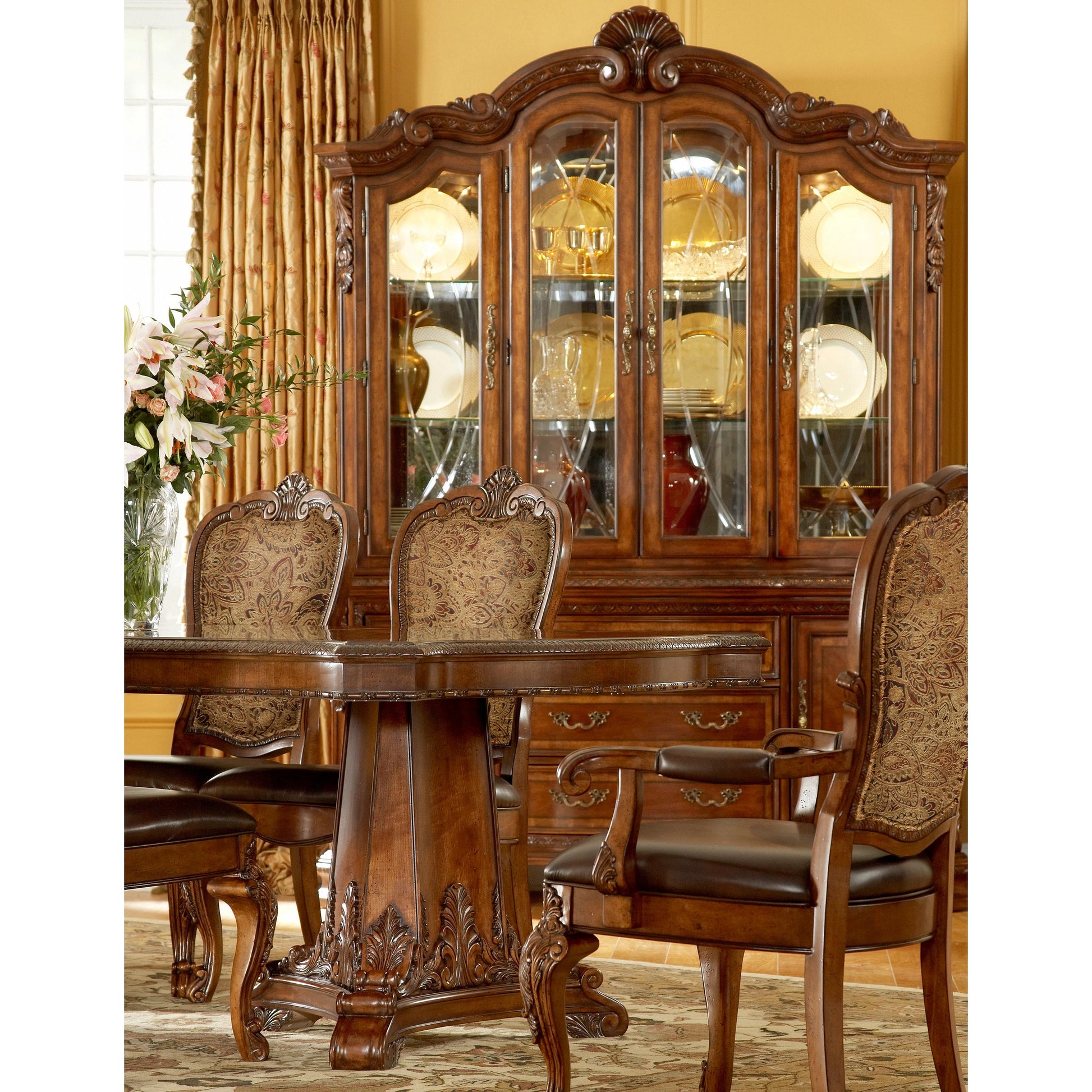 Old World Upholstered Back Side Chair (Set of 2) by A.R.T. Furniture in brown and medium cherry. Made from parawood solids, cherry and avodire veneers, foam fabric, leather in a traditional style.