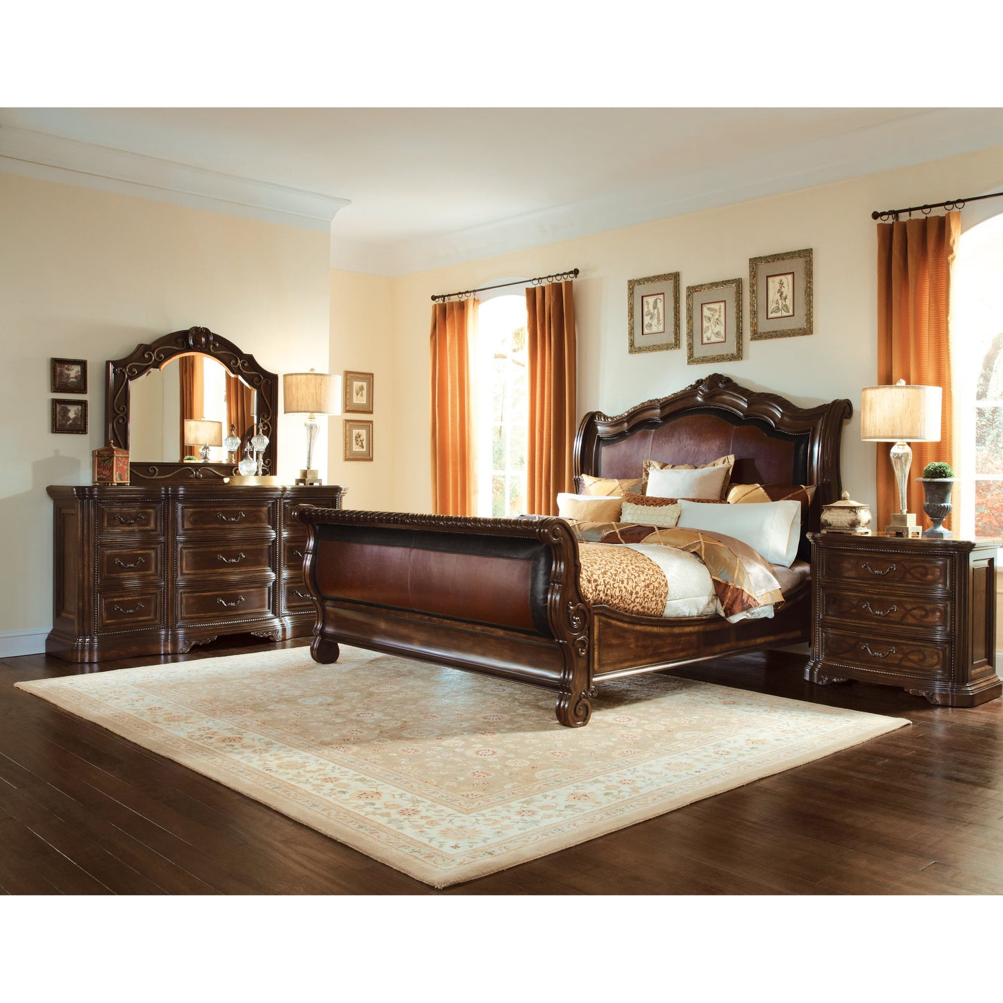 002 SR-882124 | Lifestyle | Valencia Upholstered Sleigh Bed by A.R.T. Furniture in brown and tuscan. Made from wood, veneer in a traditional style.