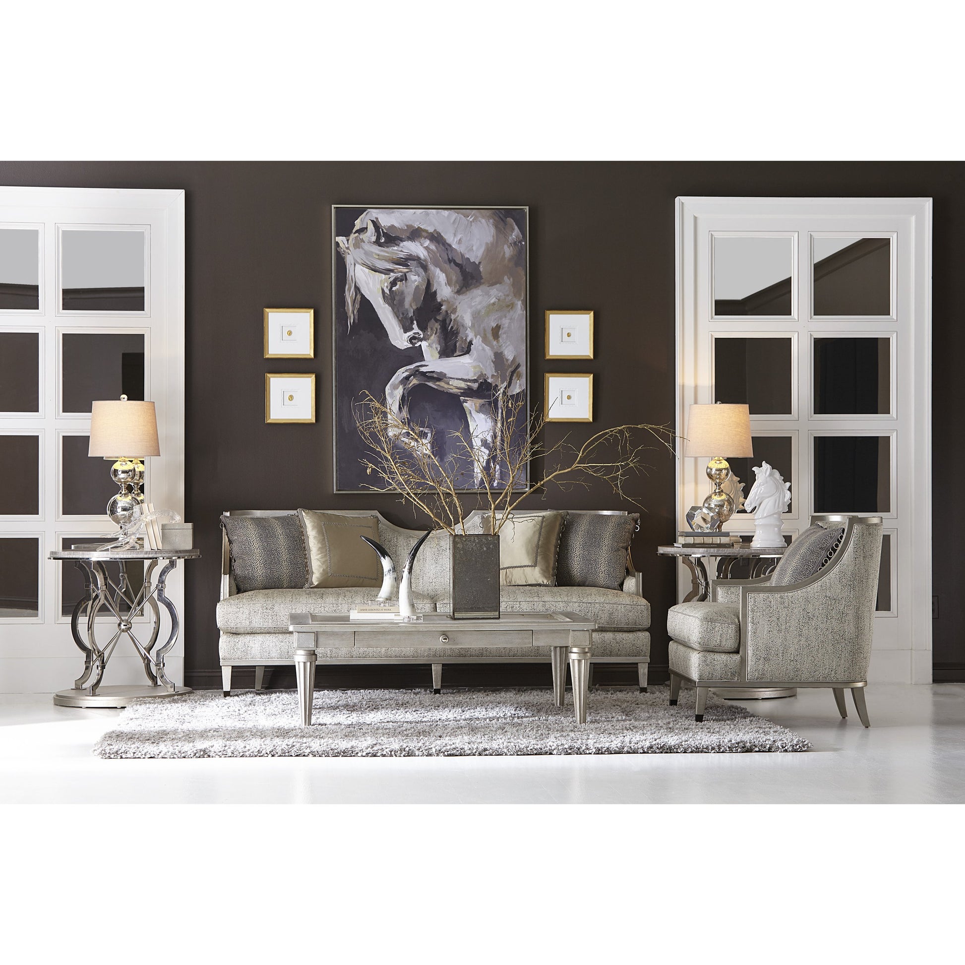Morrissey Yeats Lamp Table by A.R.T. Furniture in silver and bezel. Made from parawood solids, primavera veneers, travertine stone in a transitional style.