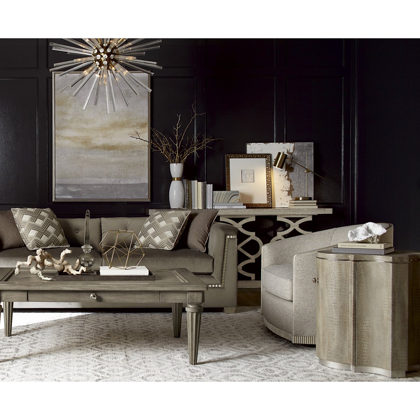 009 SR-882012 | Lifestyle | Morrissey Hillier Console Table by A.R.T. Furniture in silver and bezel. Made from parawood solids, primavera veneers, travertine stone in a transitional style.