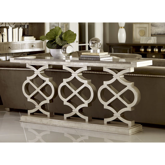 Morrissey Hillier Console Table by A.R.T. Furniture in silver and bezel. Made from parawood solids, primavera veneers, travertine stone in a transitional style.