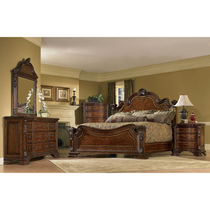 Old World Estate Bed by A.R.T. Furniture in brown and medium cherry. Made from new zealand pine solids, cathedral cherry veneer, exotic avodire veneer in a traditional style.