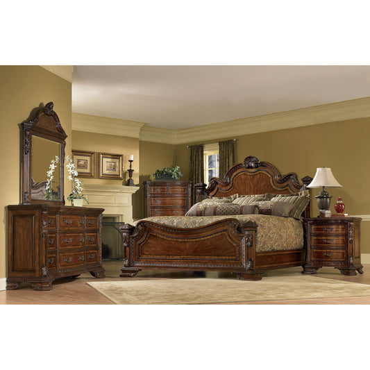 Old World Estate Bed by A.R.T. Furniture in brown and medium cherry. Made from new zealand pine solids, cathedral cherry veneer, exotic avodire veneer in a traditional style.