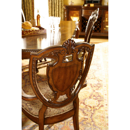 Old World Shield Back Arm Chair (Set of 2) by A.R.T. Furniture in brown and medium cherry. Made from parawood solids, cherry and avodire veneers, foam, fabric in a traditional style.
