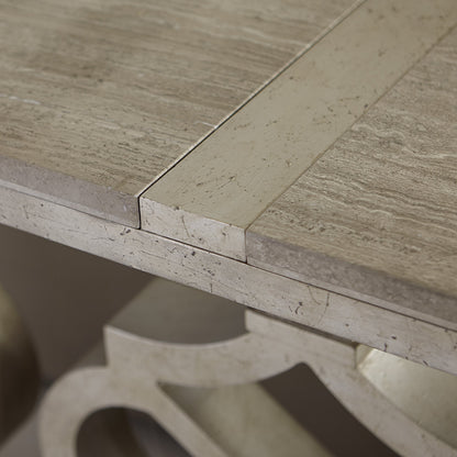 Morrissey Hillier Console Table by A.R.T. Furniture in silver and bezel. Made from parawood solids, primavera veneers, travertine stone in a transitional style.