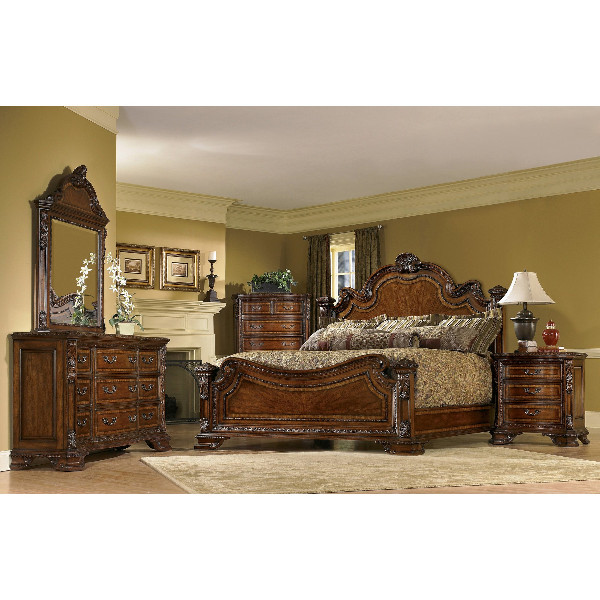 Old World Estate Bed by A.R.T. Furniture in brown and medium cherry. Made from new zealand pine solids, cathedral cherry veneer, exotic avodire veneer in a traditional style.