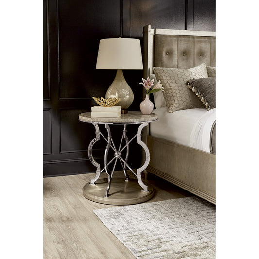 Morrissey Yeats Lamp Table by A.R.T. Furniture in silver and bezel. Made from parawood solids, primavera veneers, travertine stone in a transitional style.