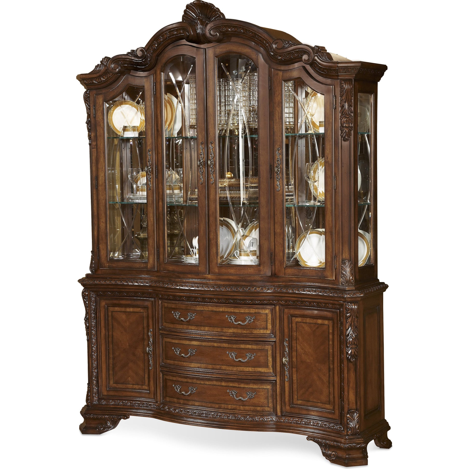 Old World China Base by A.R.T. Furniture in brown and medium cherry. Made from new zealand pine solids, cathedral cherry veneer, exotic avodire veneer in a traditional style.