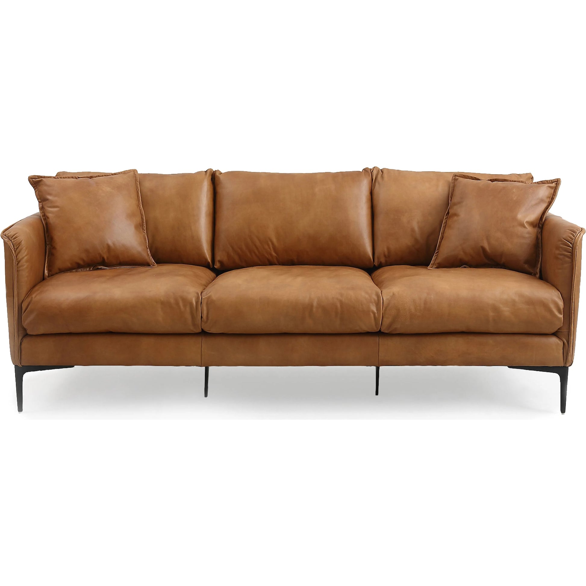 Cumo Sofa by Zentique in dark brown rubberwood, rust orange leather. Made from top grain leather in a traditional style.