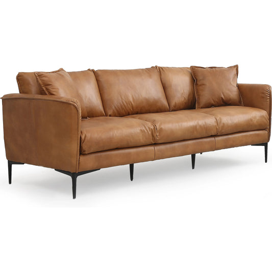 Cumo Sofa by Zentique in dark brown rubberwood, rust orange leather. Made from top grain leather in a traditional style.