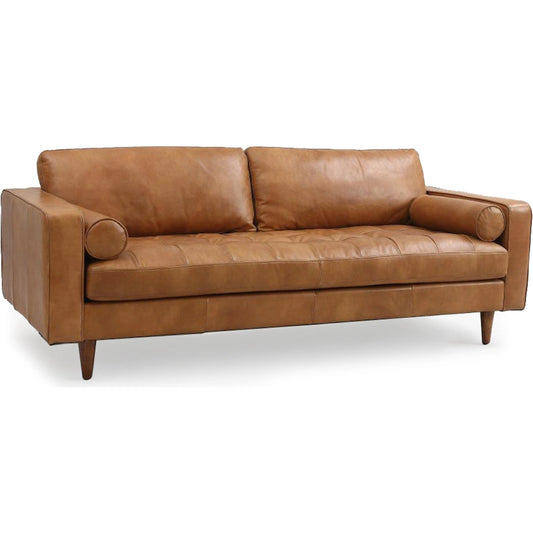 Holly Sofa by Zentique in dark brown rubberwood, rust orange leather. Made from top grain leather in a traditional style.