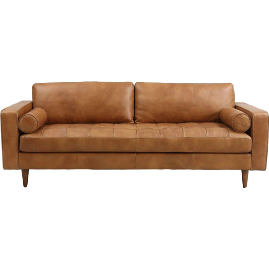 Holly Sofa by Zentique in dark brown rubberwood, rust orange leather. Made from top grain leather in a unique style.