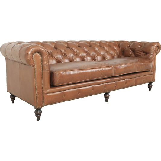 Arthur Sofa by Zentique in dark brown rubberwood, rust orange leather. Made from top grain leather in a traditional style.