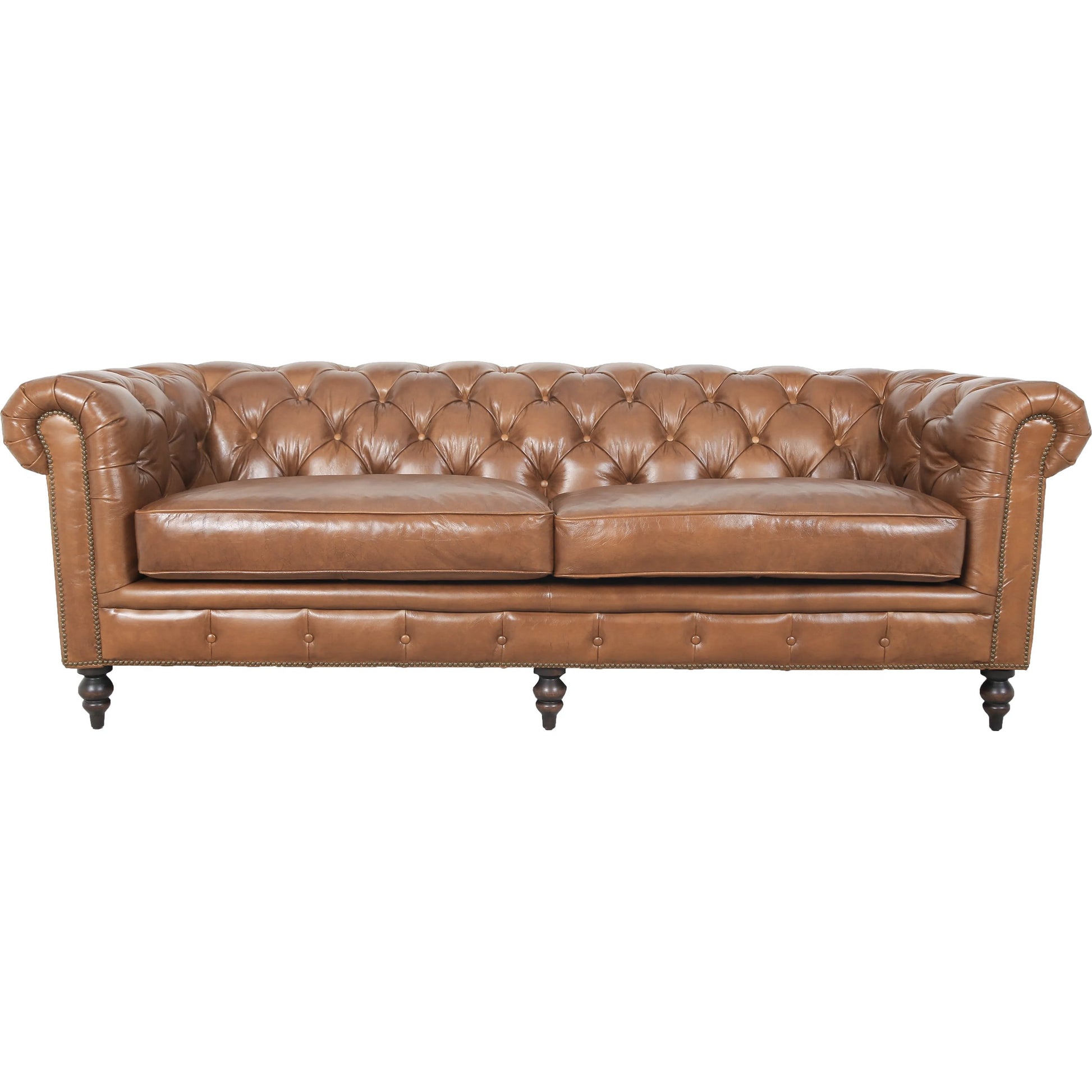 Arthur Sofa by Zentique in dark brown rubberwood, rust orange leather. Made from top grain leather in a traditional style.