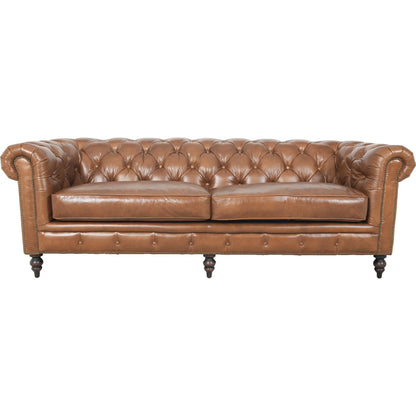 Arthur Sofa by Zentique in dark brown rubberwood, rust orange leather. Made from top grain leather in a traditional style.